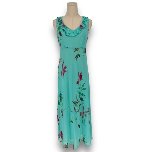 90s Carole Little Teal Blue Floral Print Ruffle Trim Maxi Dress, Size 4 - Picture 2 of 10